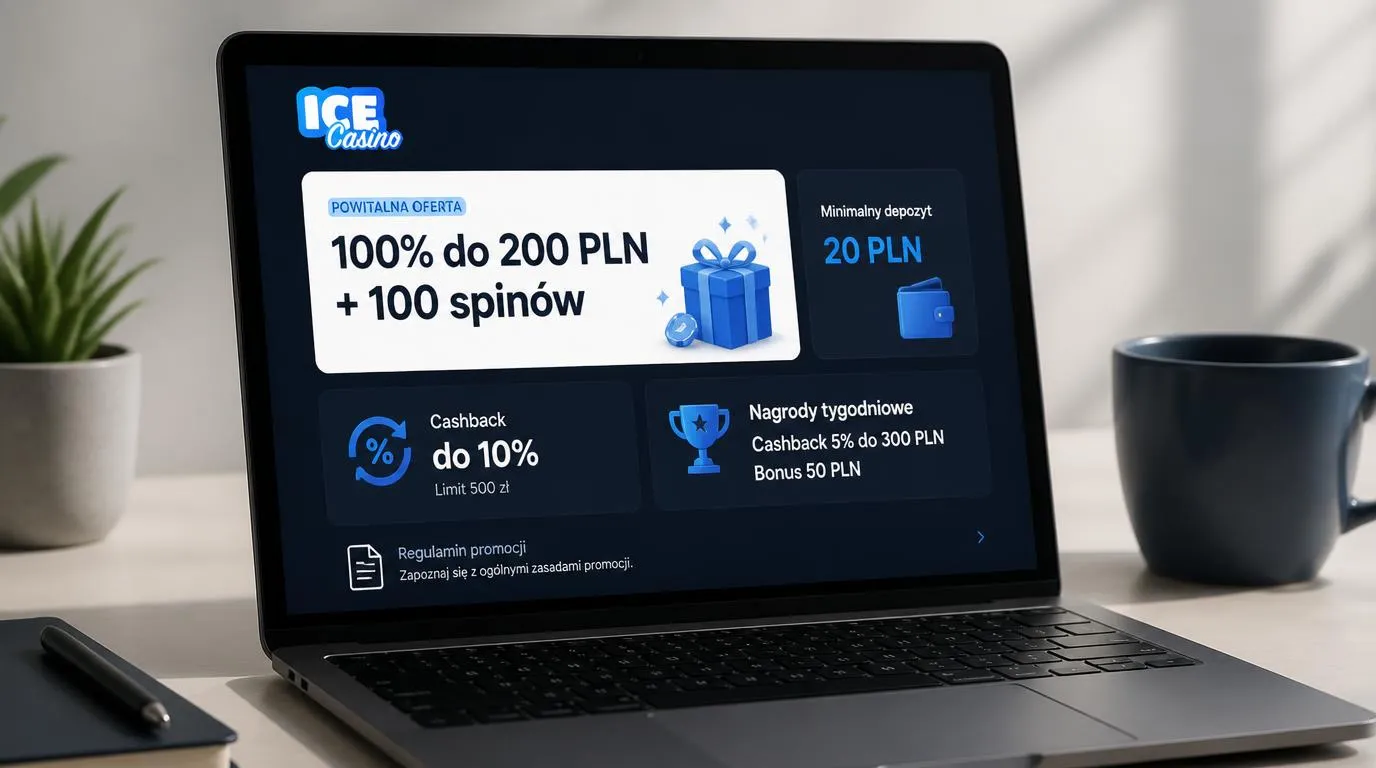 Panel bonusów z ofertą 100% do 200 PLN i 100 spinami, minimalnym depozytem 20 PLN oraz cashbackiem tygodniowym
